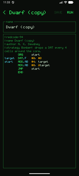 Redcode editor with syntax highlighting